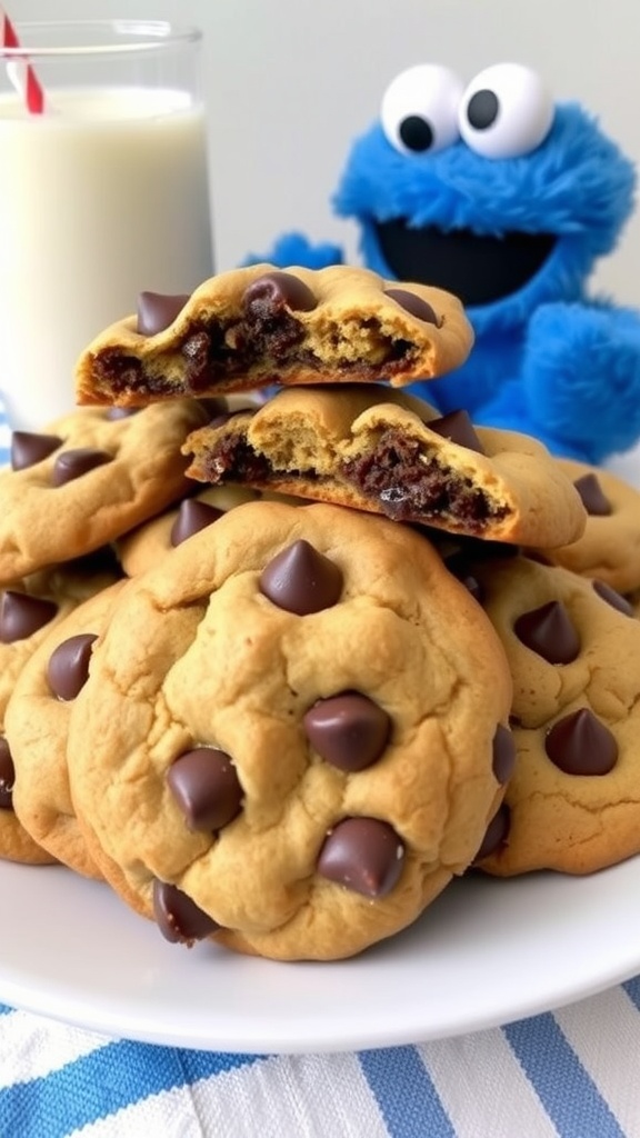 A plate of warm chocolate chip cookies with a Cookie Monster plush and a glass of milk.